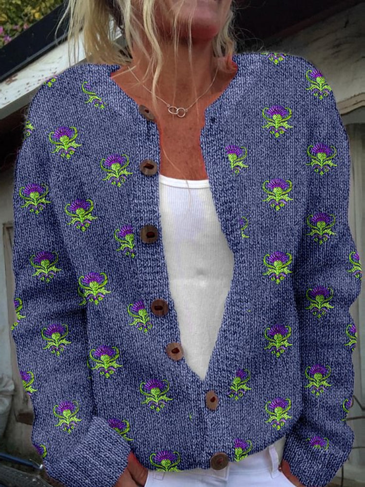 Scotland Thistle Embroidery Cozy Knit Cardigan