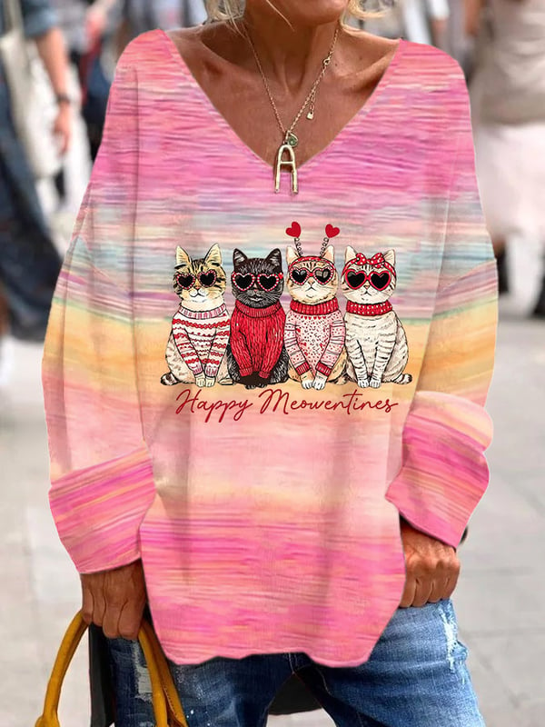 Women's Pink Gradient Cat Lover Print Long Sleeve Top