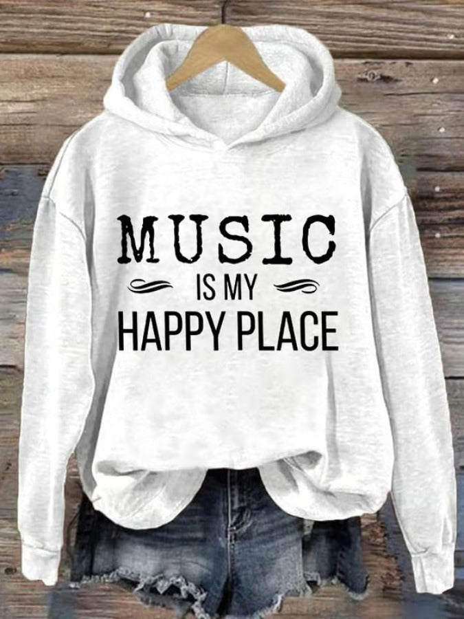 Retro Music Is My Happy Place Print Hoodie