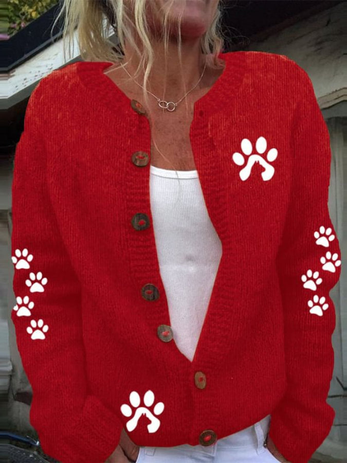 Cute Paw Print Long Sleeved Knitted Cardigan