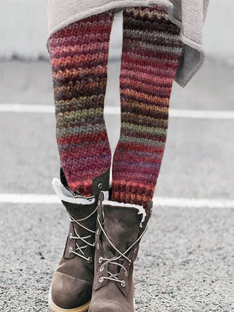 Comstylish Vintage Colorblock Patchwork Multicolored Cozy Knit Leggings