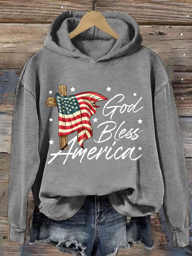 Lässiger Kapuzenpullover mit „God Bless America“-Aufdruck für Damen