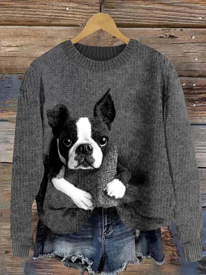 Cute Boston Terrier Lazy Puppy Applique Wool Felt Art Cozy Sweater