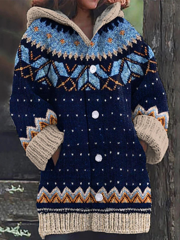 Vintage Icelandic Ethnic Print Long Sleeve Knitted Hooded Cardigan