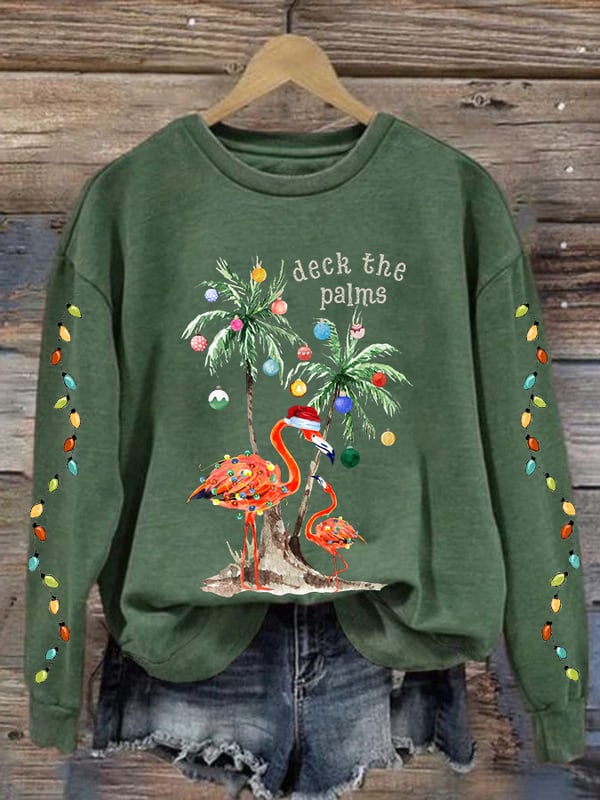 Women's Christmas Deck The Palms Printed Crew Neck Sweatshirt