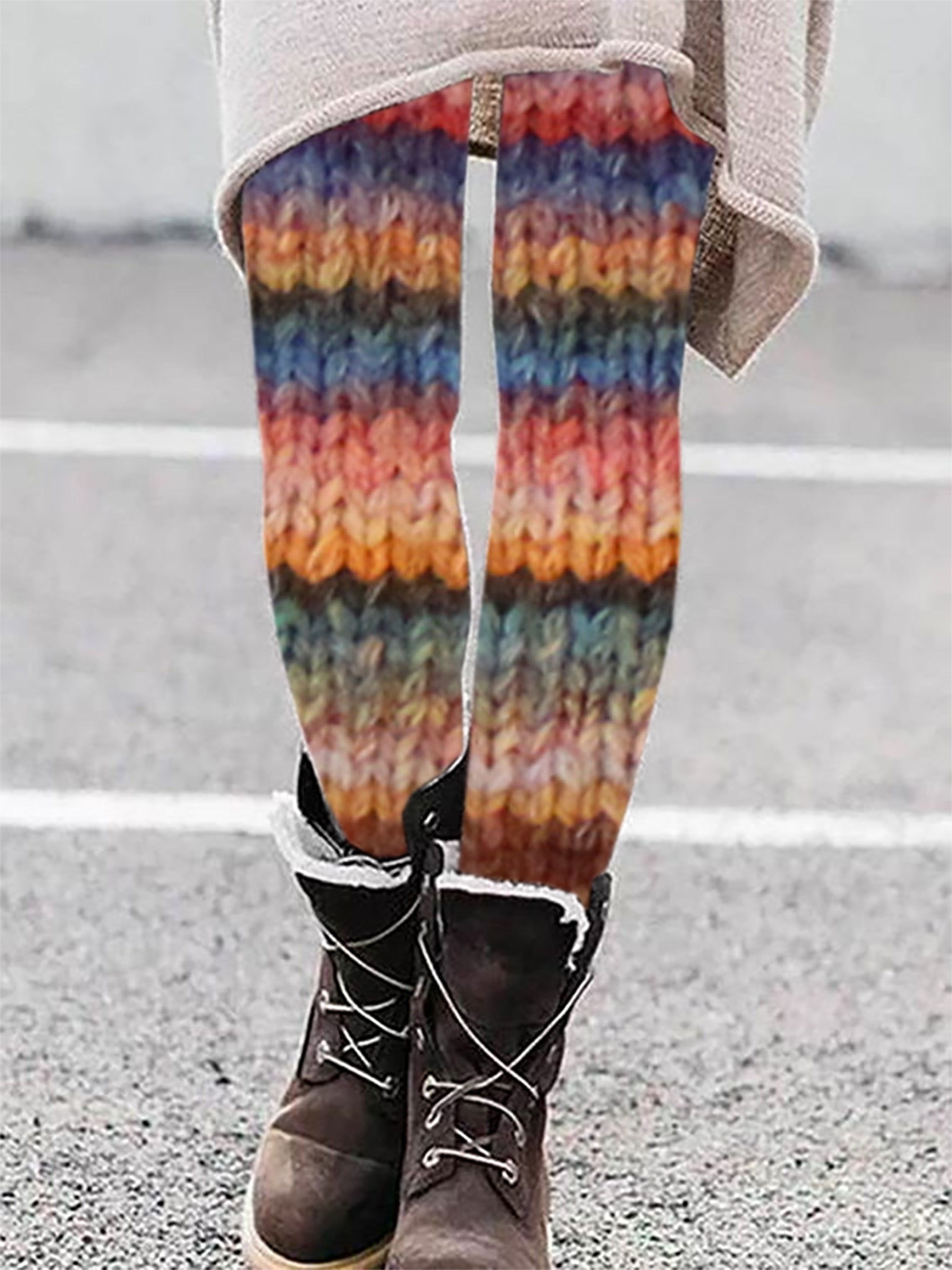 Vintage Colorful Patchwork Cozy Knit Print Leggings