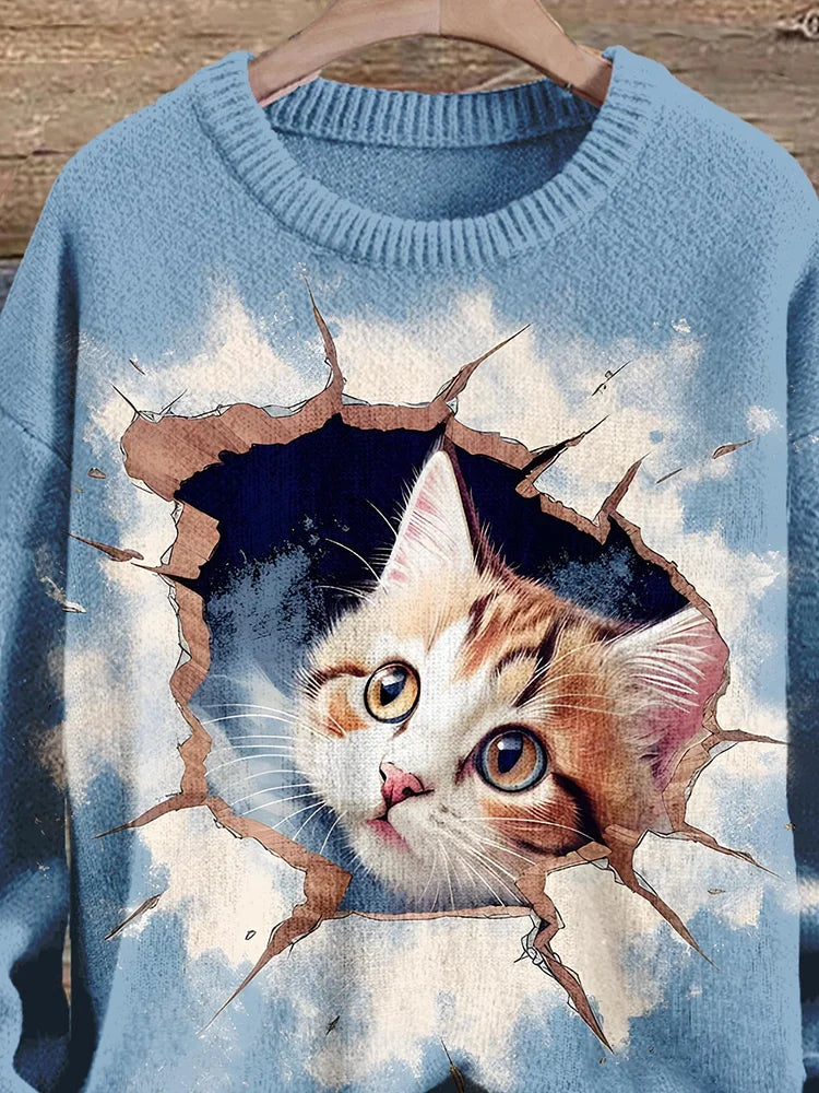 Retro Funny Cute Cat Art Print Knit Pullover Sweater