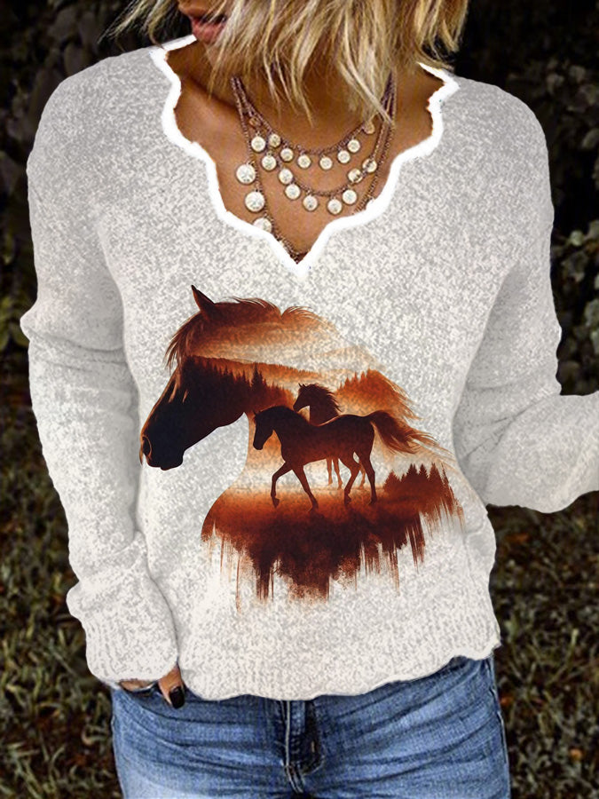 Women's Vintage Wild Horse Print Casual Sweater