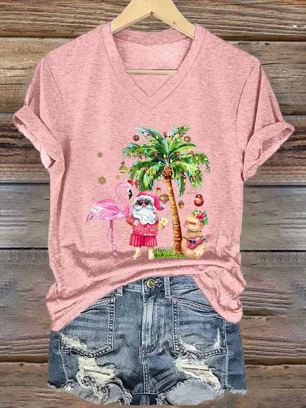 Women's Christmas Palm Tree Flamingo Print V-Neck T-Shirt