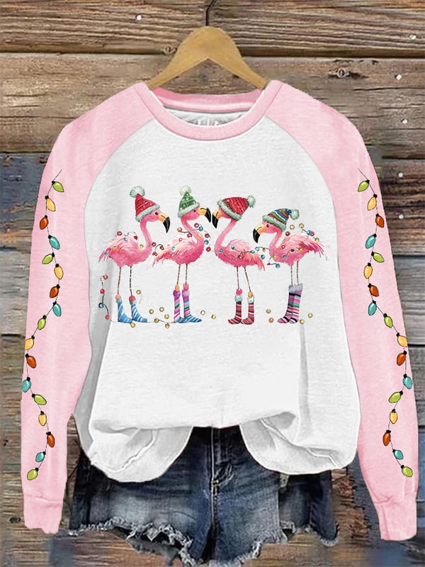 Lässiges Sweatshirt mit Weihnachts-Flamingo-Print für Damen