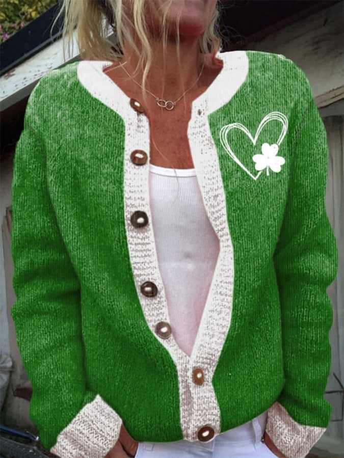 Women's Love Clover St. Patrick's Day Printing Flowers Knit Cardigan