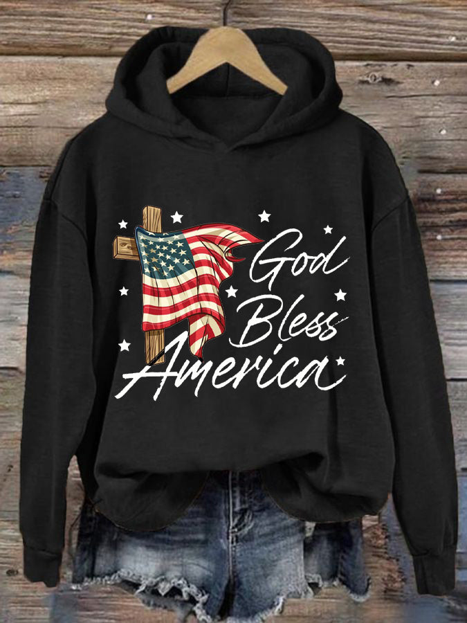 Women's God Bless America Print Casual Hoodie