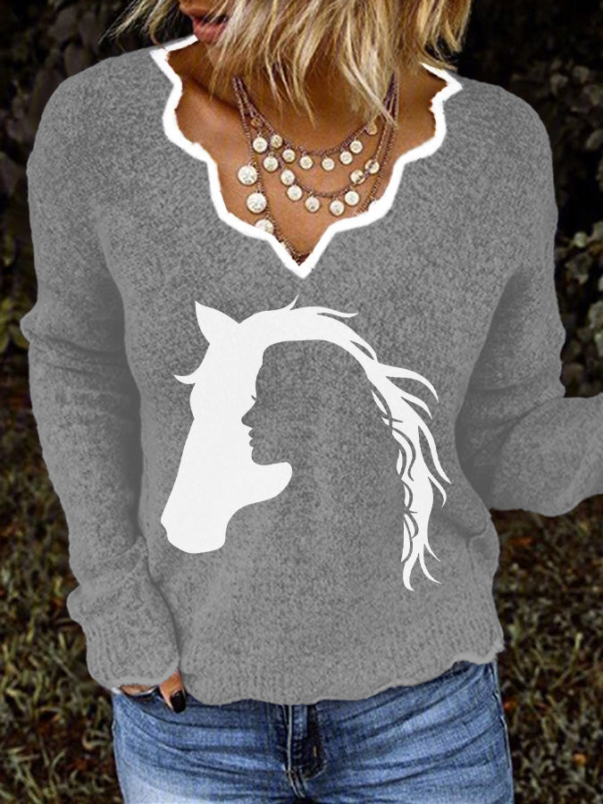 Women's Vintage Western Horse And The Girl Print Casual Sweater