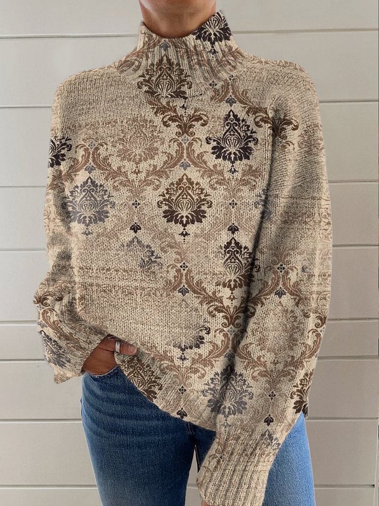 Vintage Flower Decorative Pattern Knit Turtleneck Pullover Sweater