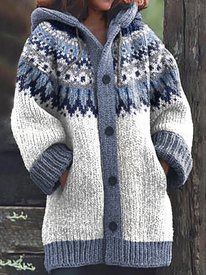 Women's Print Blue Hooded Sweater Cardigan