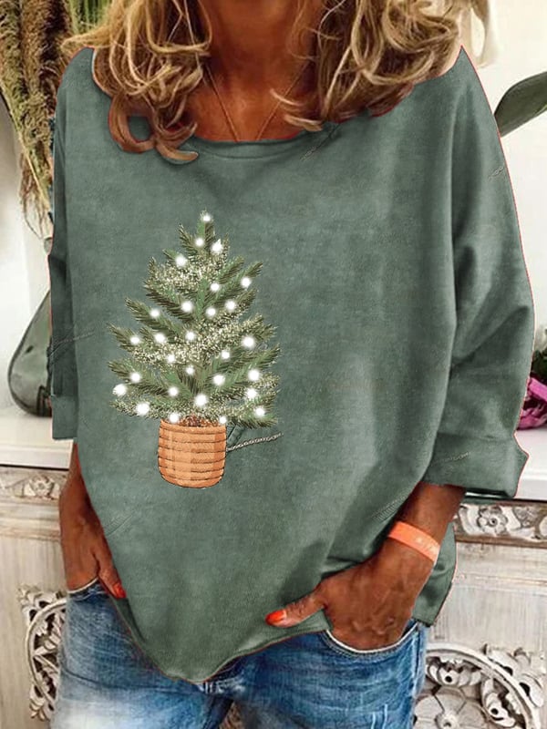 Women's Vintage Christmas Printed Long Sleeve V-Neck Top