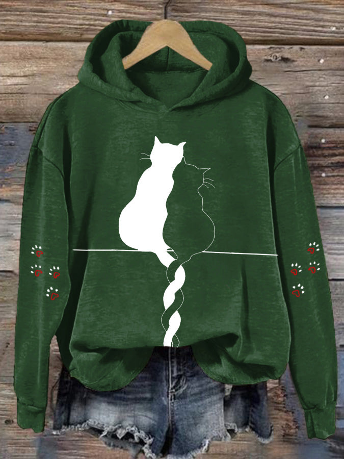 Women's Cat Print Long Sleeve Hoodie Sweatshirt