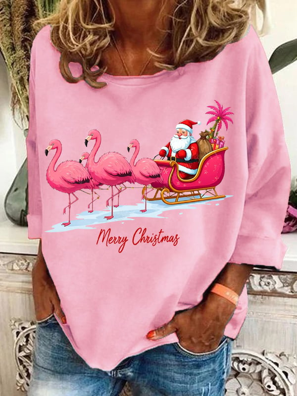 Women's Christmas Flamingo Print Casual Sweatshirt