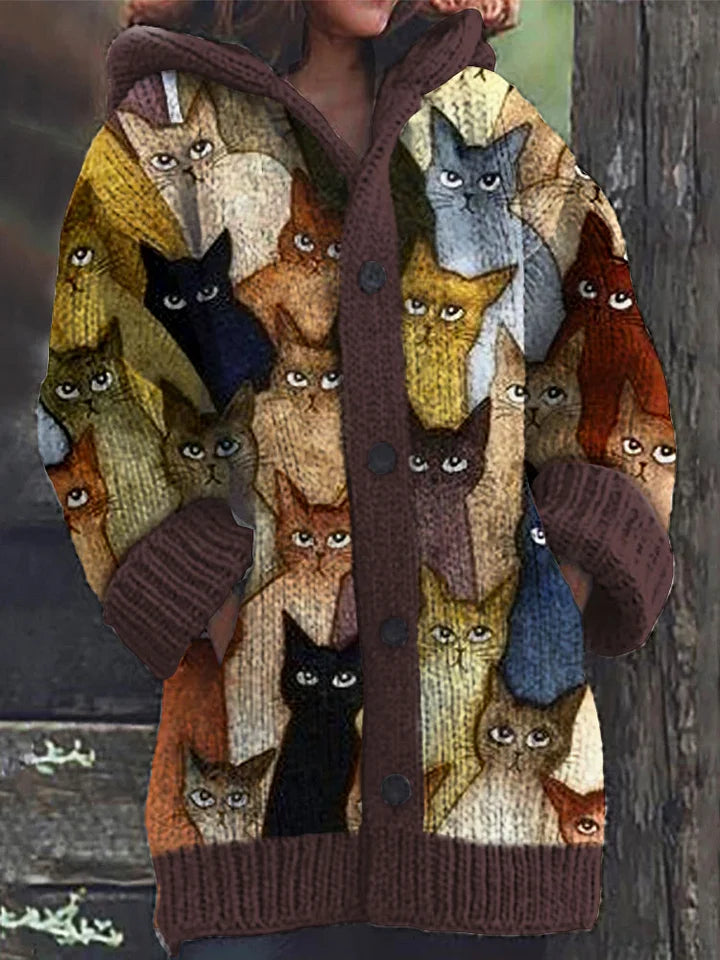 Colorful Cats Pattern Cozy Hooded Cardigan