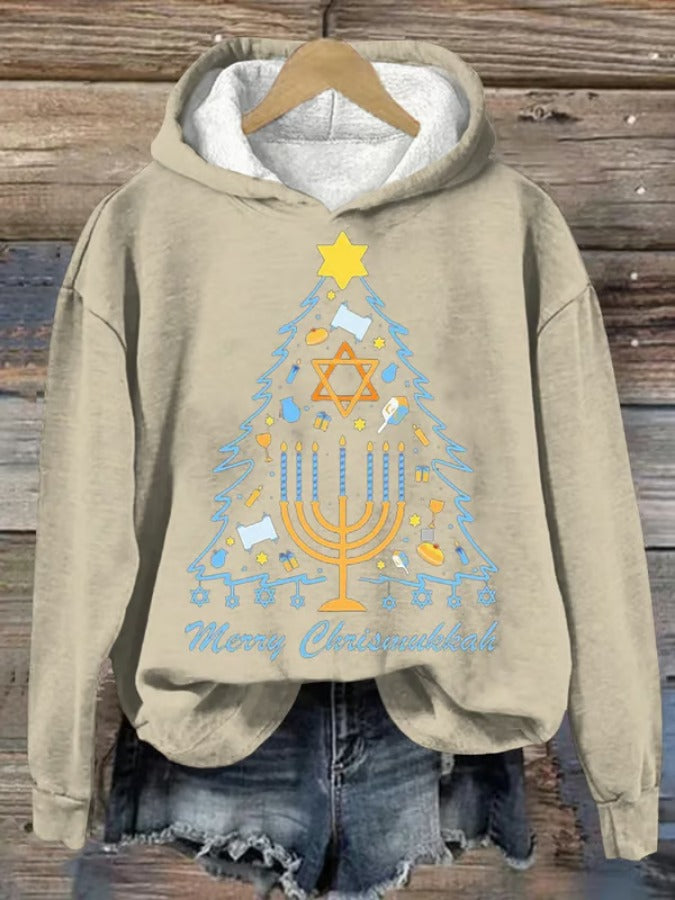 Women's Merry Chrismukkah Hanukkah Print Hooded Sweatshirt