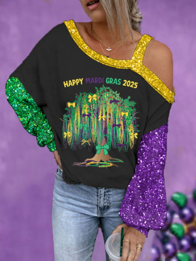 Women's Glitter Mardi Gras Beads Tree Print Off-Shoulder Long-Sleeve Top