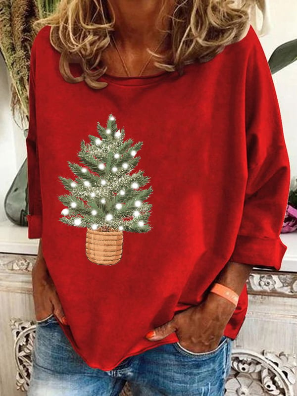 Women's Vintage Christmas Printed Long Sleeve V-Neck Top