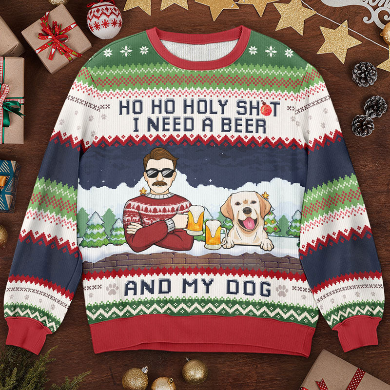 Strickpullover mit „Ho Ho Holy, I Need A Beer and My Dog“-Aufdruck für Damen