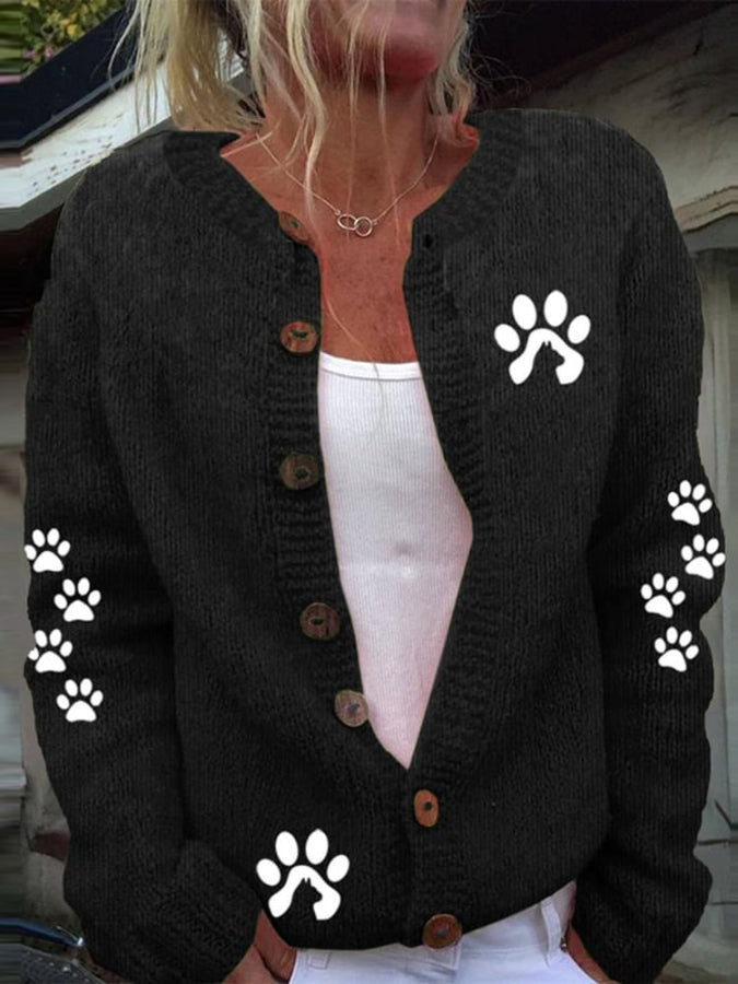 Cute Paw Print Long Sleeved Knitted Cardigan