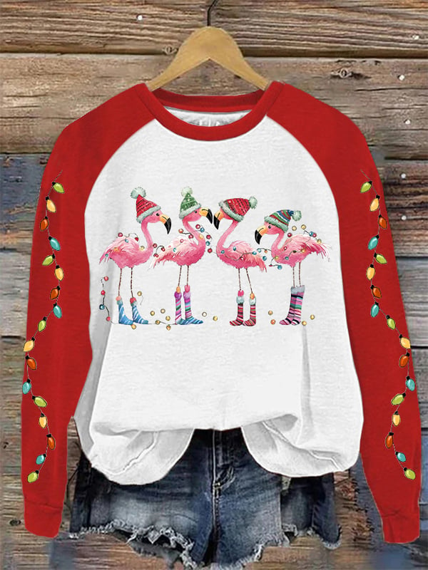 Lässiges Sweatshirt mit Weihnachts-Flamingo-Print für Damen