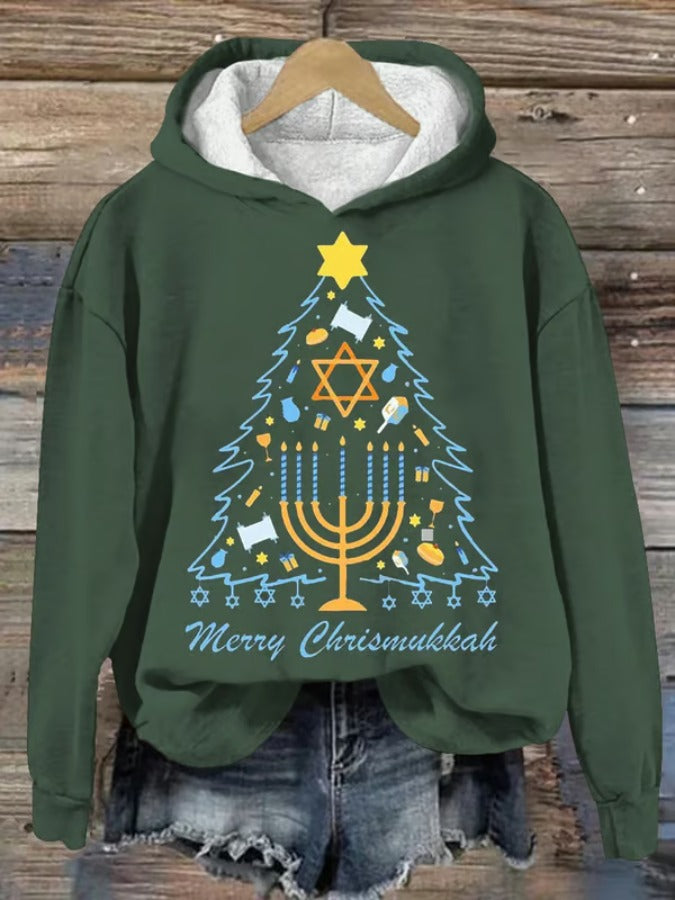 Women's Merry Chrismukkah Hanukkah Print Hooded Sweatshirt