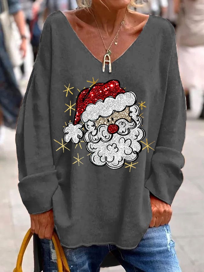 Women's Christmas Printed Long Sleeve V-Neck Top