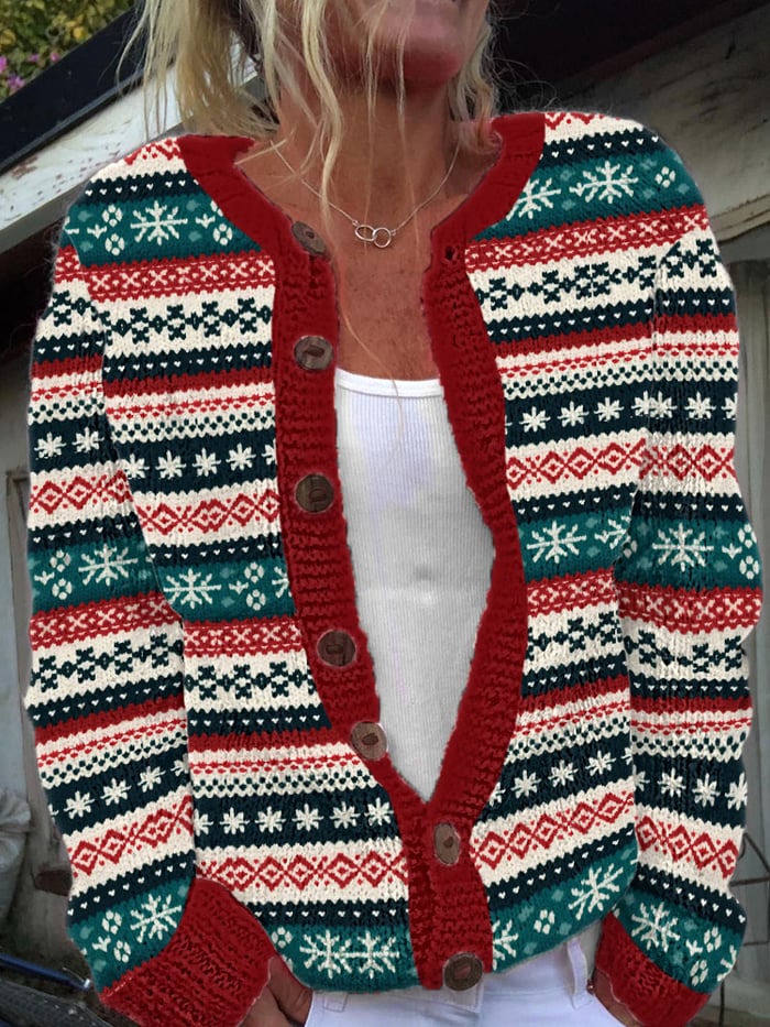 Women's Christmas Knitted Textured Print Cardigan