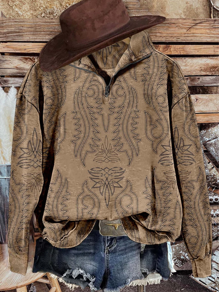 Western Casual Long Sleeve Zip Sweatshirt