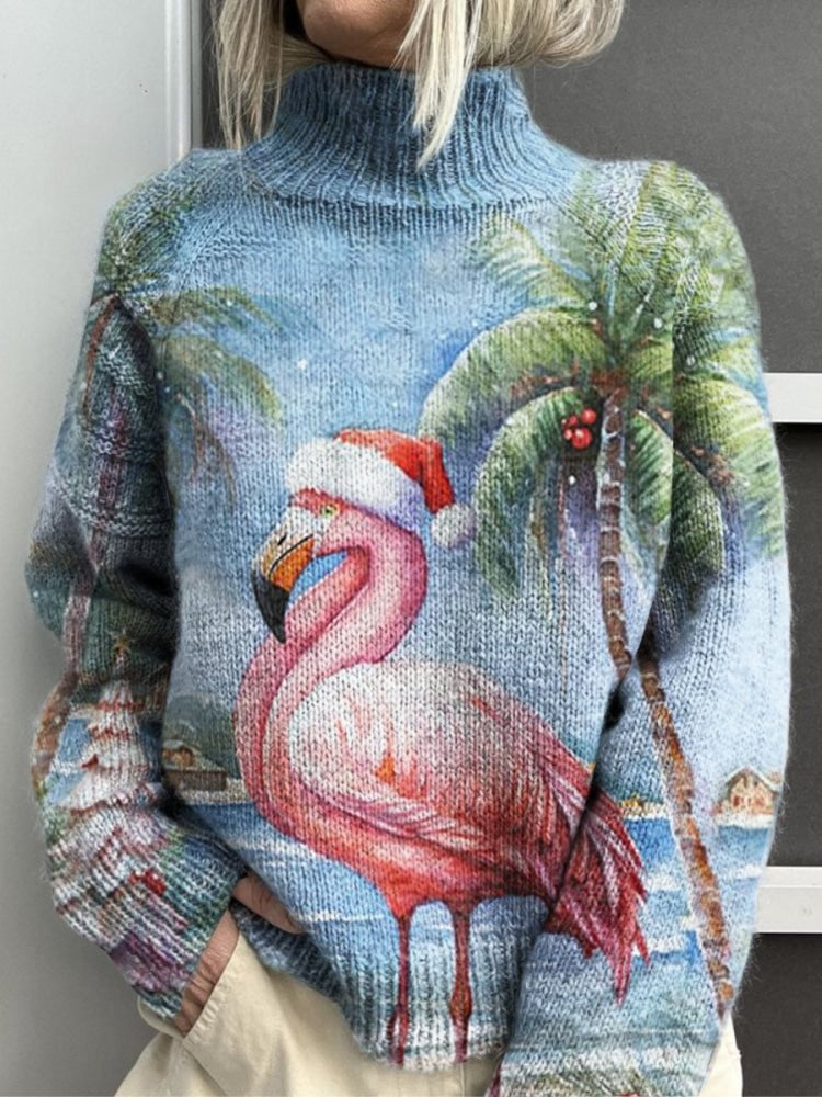 Pullover mit Rollkragen und Flamingo-Weihnachtsmuster