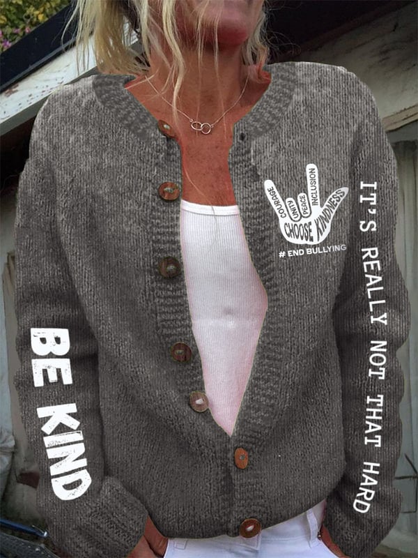 Retro Bullying Prevention Awareness Be Kind It's Really Not That Hard Love Hand Sign End Bullying Print Buttons Cardigan Sweater