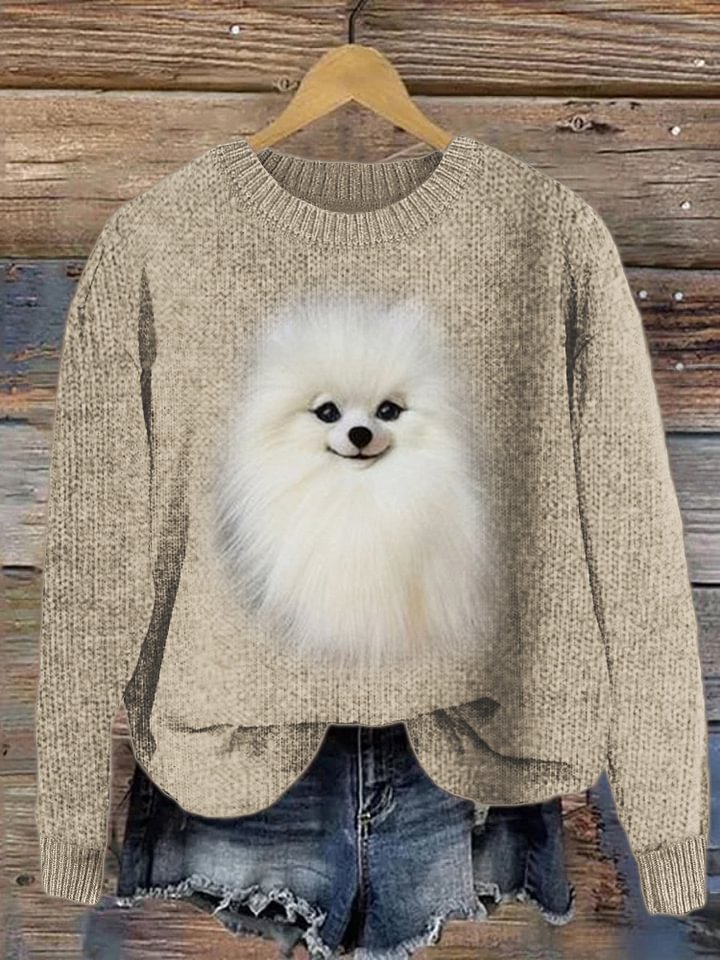 White Pom Dog Plush Cozy Knit Sweater