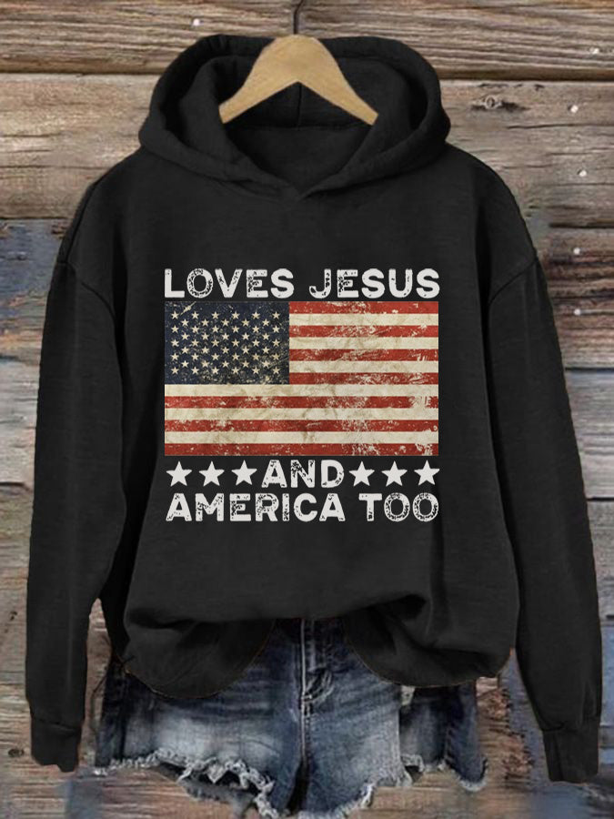 Women's Loves Jesus and America Too Print Casual Hoodie