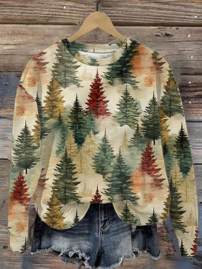 Lässiges Sweatshirt mit Vintage-Weihnachtsbaum-Print