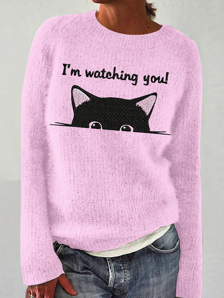 I'm Watching You Cat Art Print Knitted Sweater