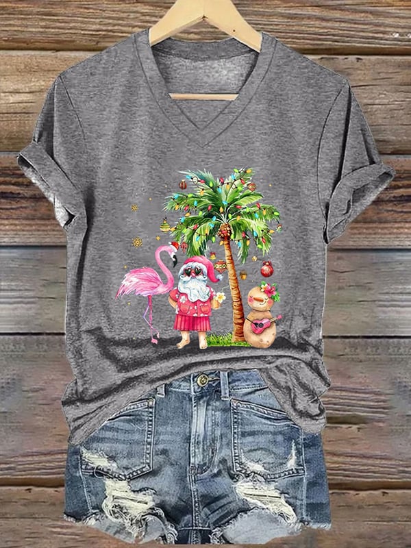 Women's Christmas Palm Tree Flamingo Print V-Neck T-Shirt