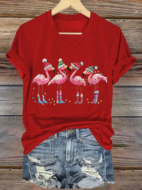 Damen T-Shirt mit V-Ausschnitt und weihnachtlichem Flamingo-Print