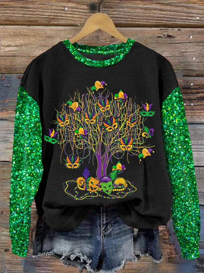 Women's Mardi Gras Tree Beads Print Casual Sweatshirt