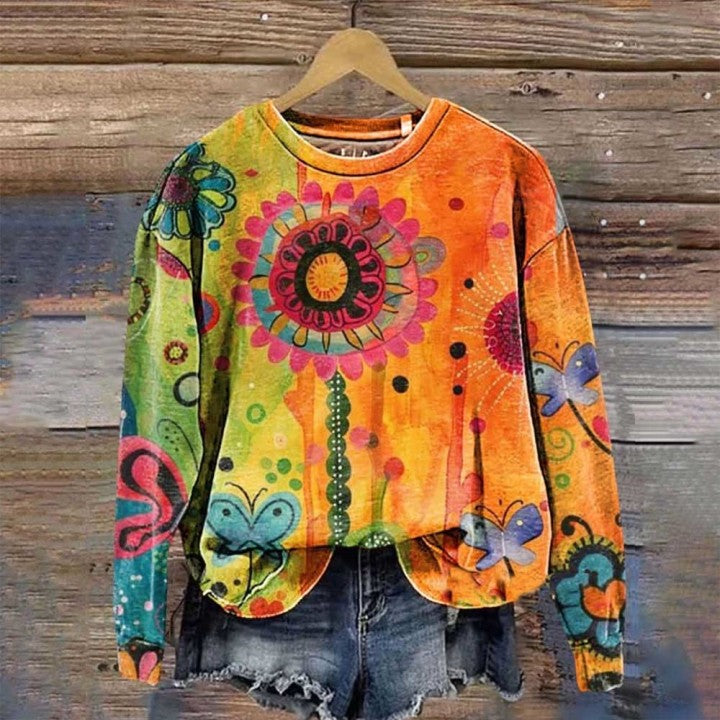 Vintage Love And Peace Flower Art Print Casual Sweatshirt