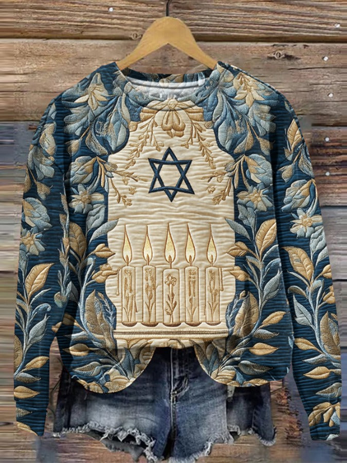 Women's Hanukkah Candle Flower Print Casual Sweatshirt