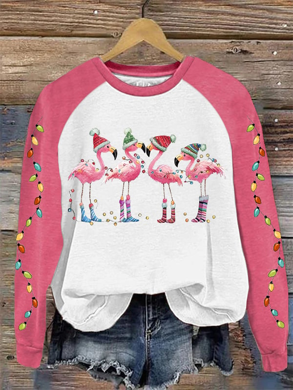 Lässiges Sweatshirt mit Weihnachts-Flamingo-Print für Damen