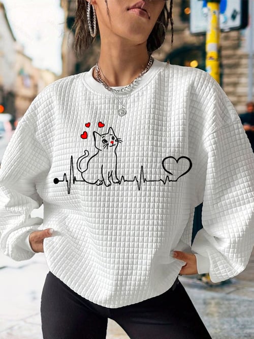 Women's Cat Lovers Cat Mom Casual Waffle Sweatshirt