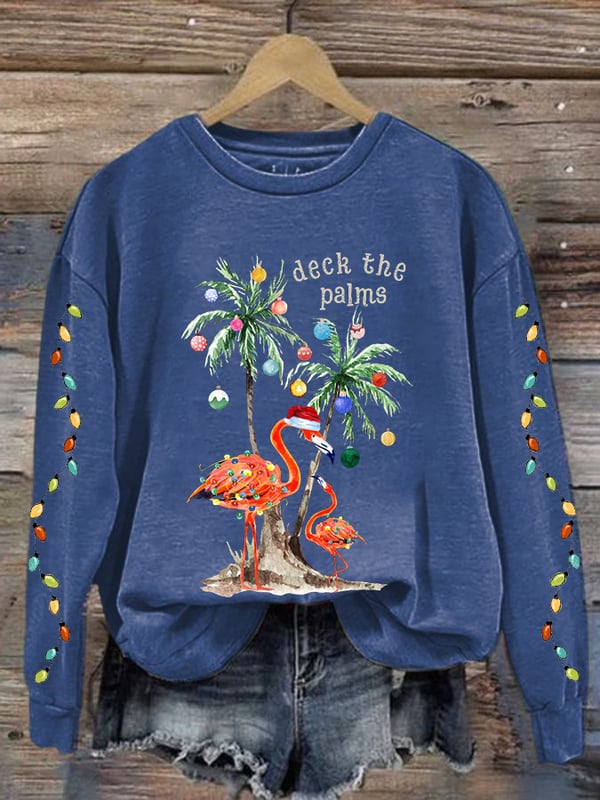 Women's Christmas Deck The Palms Printed Crew Neck Sweatshirt