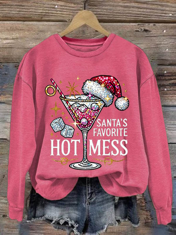 Women's Christmas Santa's Favorite Hot Mess Printed Crew Neck Sweatshirt