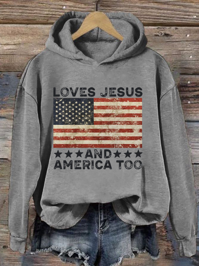 Lässiger Kapuzenpullover mit Aufdruck „Loves Jesus and America Too“ für Damen