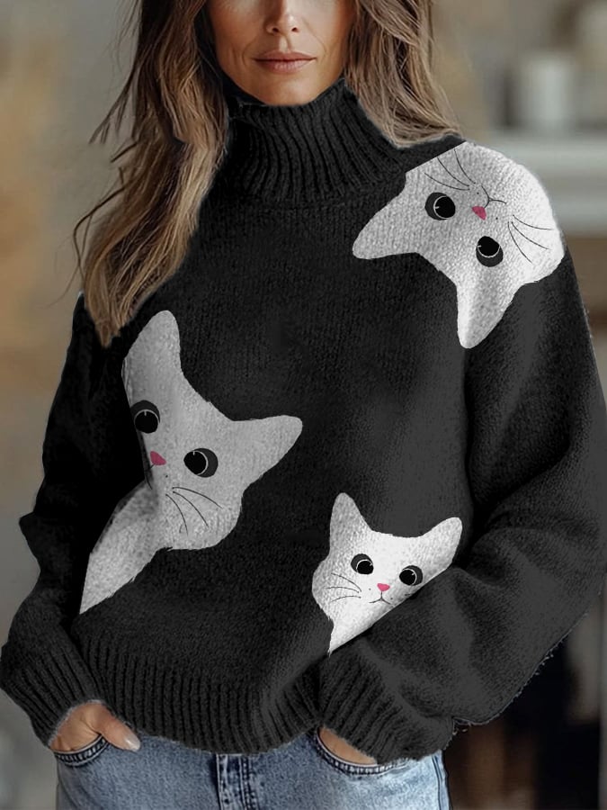 Women's Knitted Cat Print Top